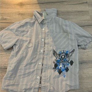 Men's Gray Striped Shirt with Blue Graphic